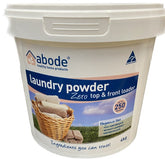 A white plastic bucket labelled Abode Laundry Powder (Front & Top Loader) Zero Bucket 4kg